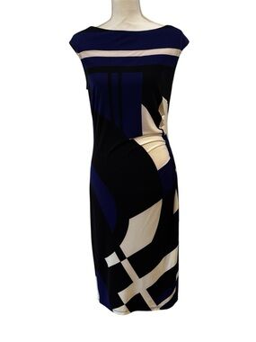 American Living geometric shapes navy, black & cream sheath midi dress, 8.